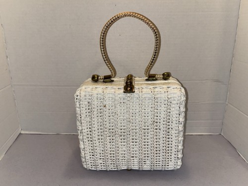 VTG Midas of Miami 1950’s Wicker Basket Box Purse Handbag Beaded Floral White - Picture 9 of 19
