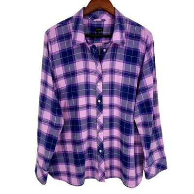 Talbots Sz XL Purple Pink Sparkly Gold Plaid Flannel Blouse Shirt Top Harvest