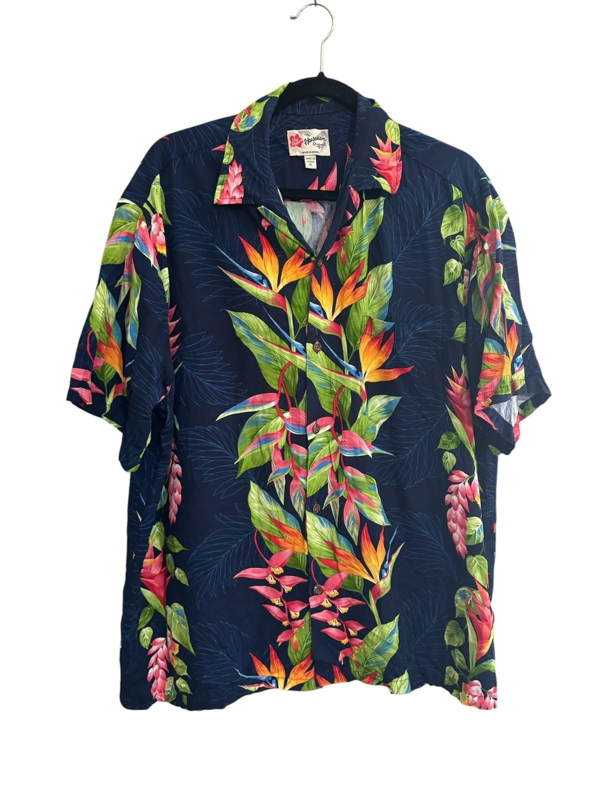 Hilo Hattie Hawaiian Shirt Navy Bird of Paradise Made in Hawaii Mens XL #6978