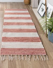Chindi Rag Collection Area Rug - Striped (2' 2" x 6' 1" Runner, Coral and Ivory)