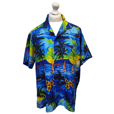 Happy Bay Hawaiihemd Blau Aloha Palme Terivoile UK Herren L