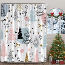 Christmas Shower Curtain,Xmas Tree Snowflake Bow Winter Holiday Pink Blue Bla...
