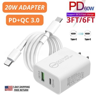 USB C to Type C Fast Charger Cable 20W PD QC Wall Adapter For Samsung Google S21
