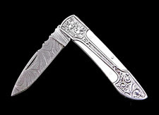 CUSTOM MADE FROGED DAMASCUS STEEL FOLDING POCKET KNIFE W LEATHER SHEATH 370