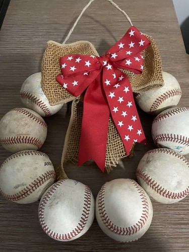 Baseball Door Wreath made with 10 Used Leather Baseballs and Red Bow