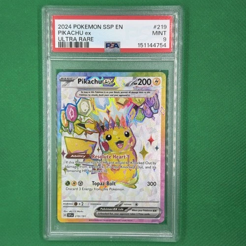 2024 Pokemon Sv08: Surging Sparks PIKACHU EX #219/191 Ultra Rare Holo PSA 9 MINT