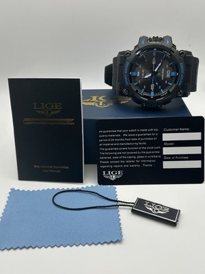 LIGE Men's Sport Wristwatch Black Dial Rubber Band Water Resistant Box Papers
