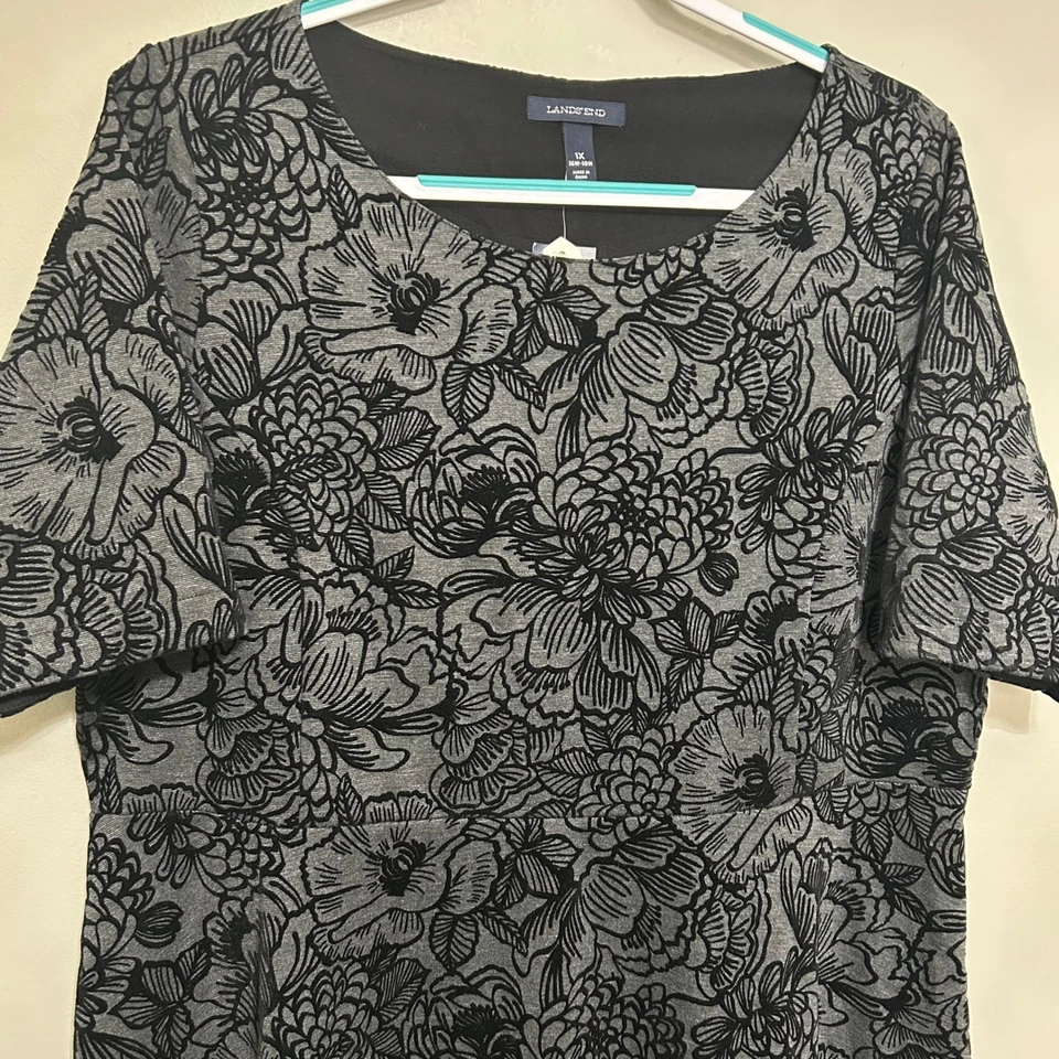 Lands' End 女式连衣裙 1X 16W-18W 灰色黑色天鹅绒花卉修身喇叭全新带标签 — 第 3/4 张图片