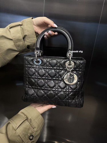 Authentic Dior Lady Dior Medium Black Cannage Bag Silver Hardware