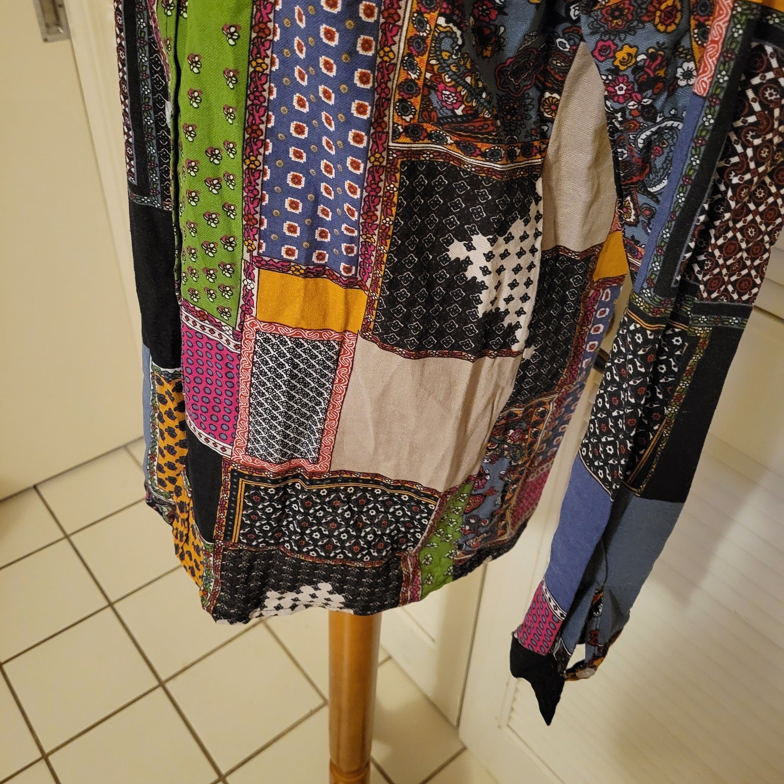 Boho Patchwork Cotton Linen Blend Button Down Blo… - image 3