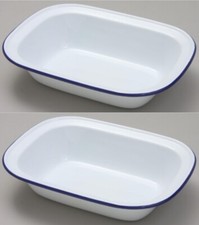 2 Falcon 22cm Oblong Enamel Pie Dish Non Stick Oven Baking Dish White Blue Rim