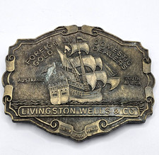 ANTIQUE SAILING SHIP BELT BUCKLE LIVINGSTONE WELLS  CO GOLD DEALERS COLLECTIBLE