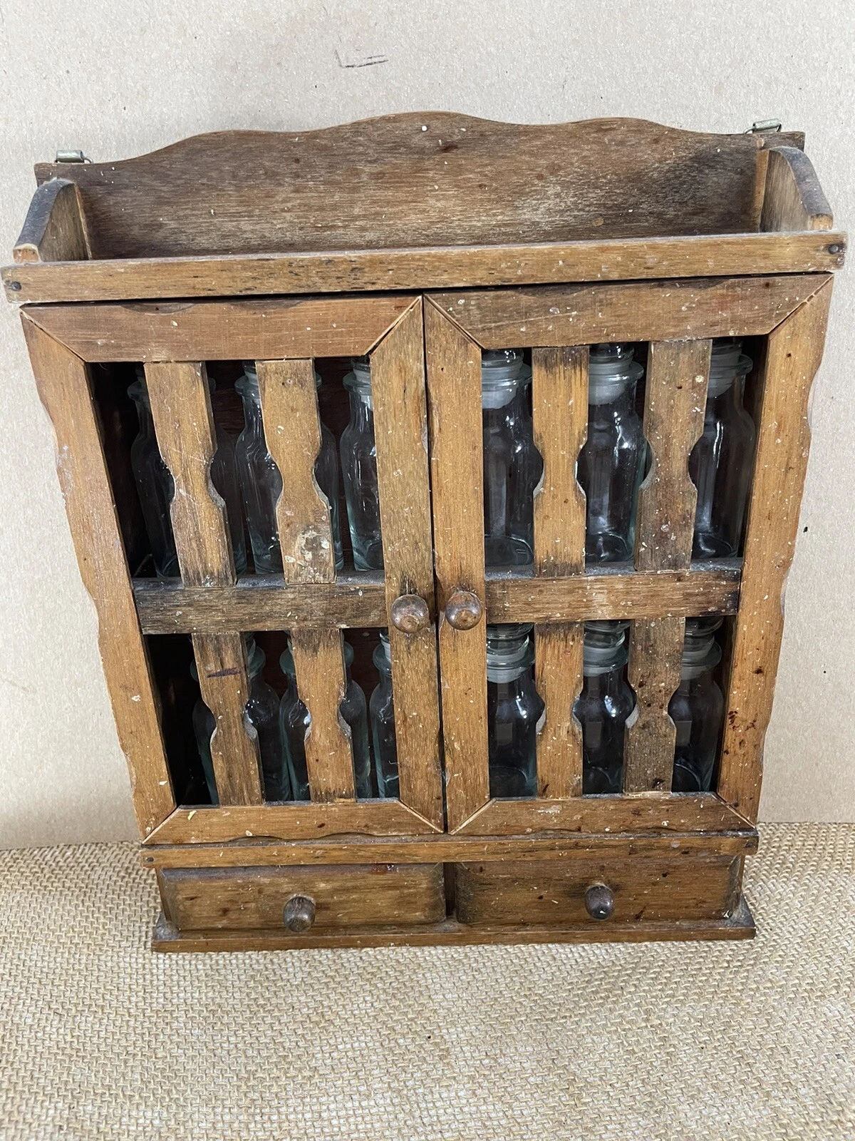 FarmHouse Hand Made Solid Wood 2 Tier Wall Mount 12 Glass Jar Vtg Spice Rack