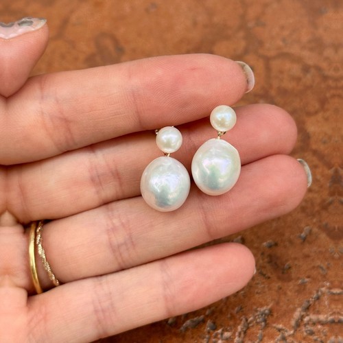 14KT Yellow Gold Post Double White Freshwater Baroque Pearl Drop Earrings NEW - Picture 6 of 9