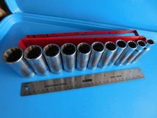 USED, SNAP ON TOOLS 1/2 IN. DR. DEEP . 12 PT SOCKETS, ( 1/2 IN. THRU 1-1/8 IN.)