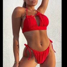 Red halter asymmetrical bikini set New Aug sale