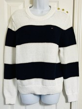 TOMMY HILFIGER WOMENS SIZE M BLUE WHITE STRIPE LOGO BUTTONS PULLOVER SWEATER TOP