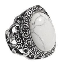 Silverplated Howlite Gemstone Open Scroll Work Ring Size 7