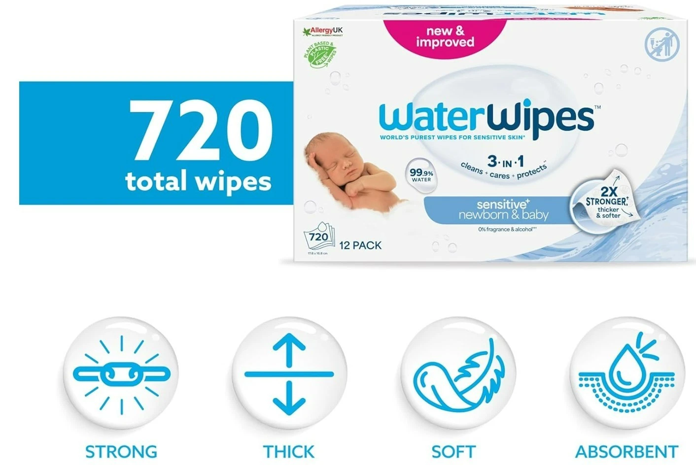 WaterWipes 100602 Sensitive Baby Wipes, 720 Count (12 Packs of 60 Count)
Opens in a new window or ta