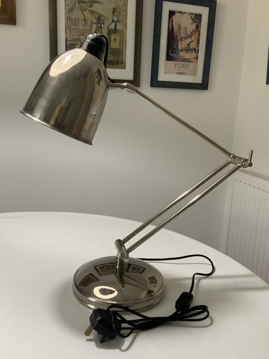 Large Silver Chrome Angle Poise Style Desk Lamp, Dome Shaped Shade