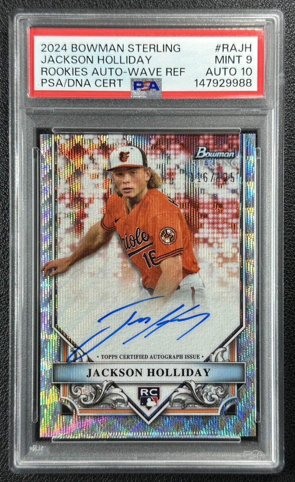 JACKSON HOLLIDAY PSA 9 2024 BOWMAN STERLING ROOKIE AUTO WAVE REFRACTOR 116/125