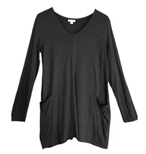 J. JILL Black Slub Jersey T-SHIRT TOP TUNIC w/Pockets V-Neck COTTON/MODAL sz M