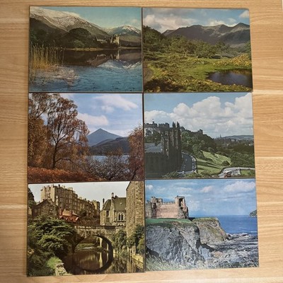 Vintage 6 Tischsets Schottische Landschaften Schloss Loch 27 x 21 cm Korksockel 