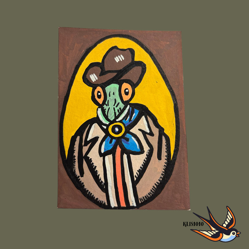 ACEO Artist Trading Original Mixed Media Cowboy Mantis 2.5x3.5 On Paper by KL