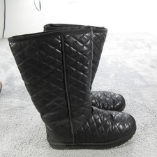 UGG Boots Womens Size 8 Black Leather Quilted Shearling Lined Mid Calf Winter