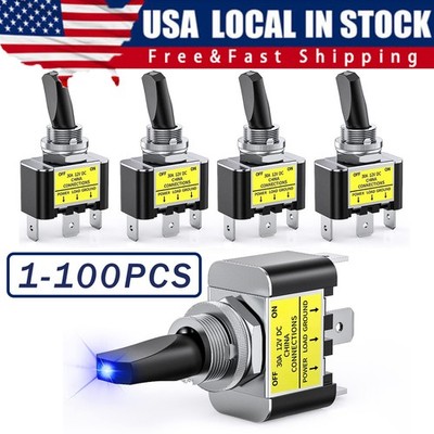 Blue LED Light 3Pin Rocker Toggle ON/Off Switch 30A 12V for Car Boat Marine Lot
