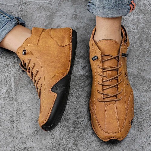 Handmade Men's Casual Leather Ankle Boots Outdoor Breathable Lace-up Sneakers - Picture 13 of 21