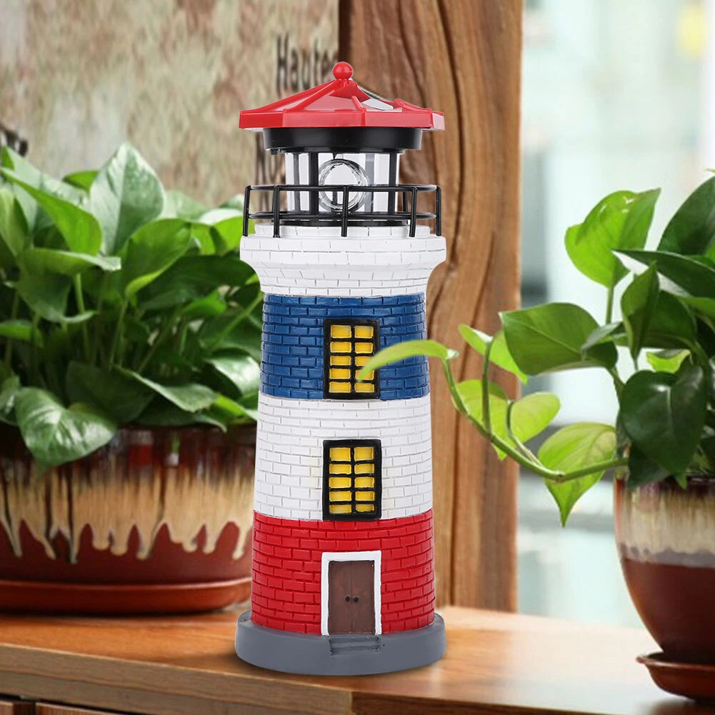 RedBlueWhite LED Solar Power Lighthouse Statue Rotating Outdoor