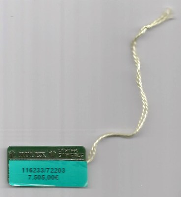 Vintage Rolex Grün Hang Tag Stempel 116233/72203 Oyster Swimpruf Tag Showcase