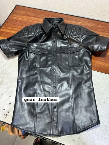 men's original cow leather original biker padded shirt sexy black shirt - Picture 2 of 5
