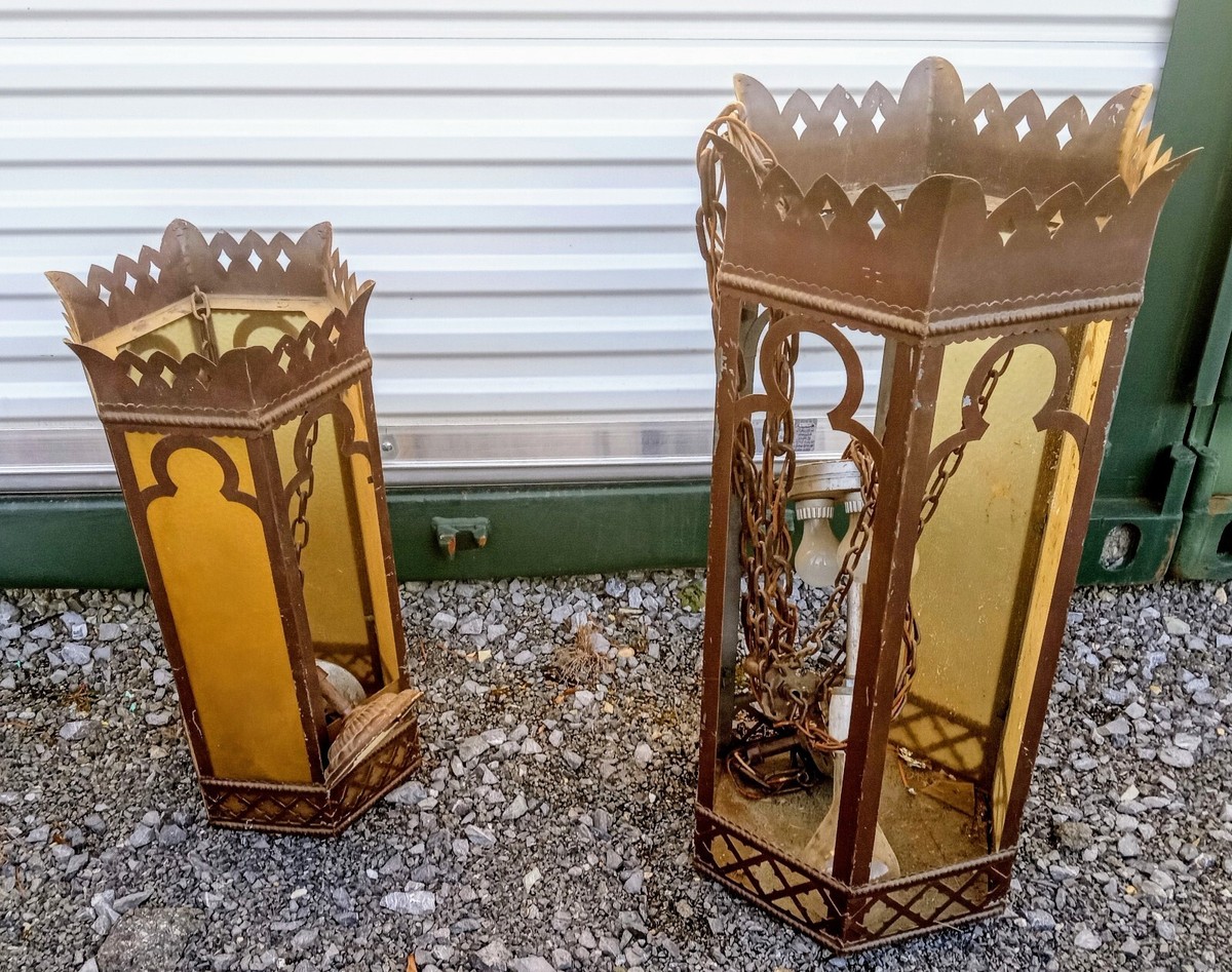 2 VINTAGE large HANGING GOTHIC LIGHT FIXTURES CHURCH CATHEDRAL