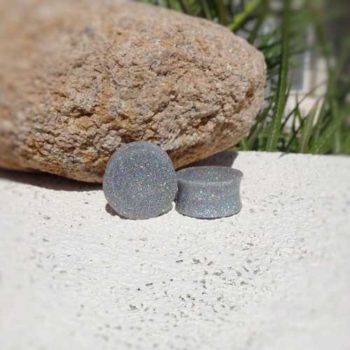 Silver Holographic Resin Ear Plugs - Ear Gauges Double Flared - Picture 3 of 8