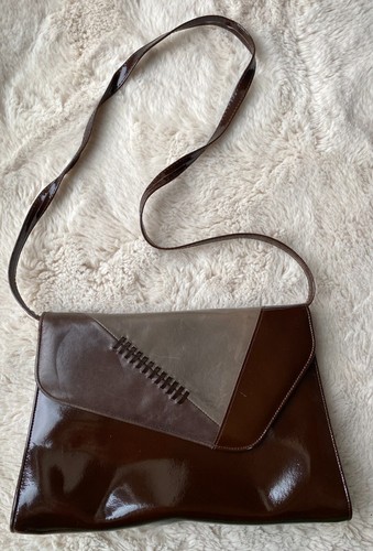 Vintage Van Dal 80er braun Lack/ Leder Umschlag Schultertasche/ Clutch Tasche