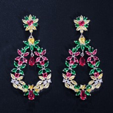 Silver Plated Multicolor Cubic Zirconia Flower Leaf Long Dangle Wedding Earrings