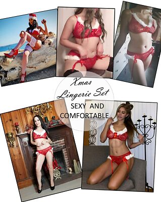 Women Valentine Lingerie Two Piece Santa Bra and Panty with Garter Belt Set  Gift