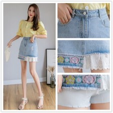 Gonna Mini In Denim Con Ricami In Pizzo Flora A-Line Asimmetrica Retro