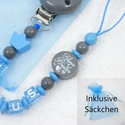 GIFT-STORE24 Schnullerkette mit Namen, grau, blau, kleiner Bruder, Krone, Junge, Baby, Geburt