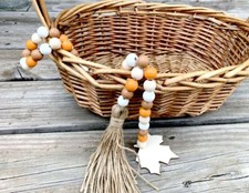 Fall Leaf Orange Brown White Wood Bead Garland Boho Tassel Tassels Rustic 40"