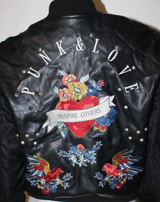 ZARA BASIC Black Faux Leather PUNK & LOVE Bomber Jacket XS ZARA BASIC Black Faux Leather PUNK & LOVE Bomber Jacket XS