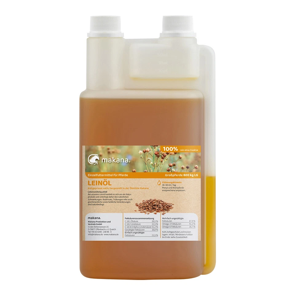 Makana Leinöl für Pferde, kaltgepresst, 1 l Dosierflasche
