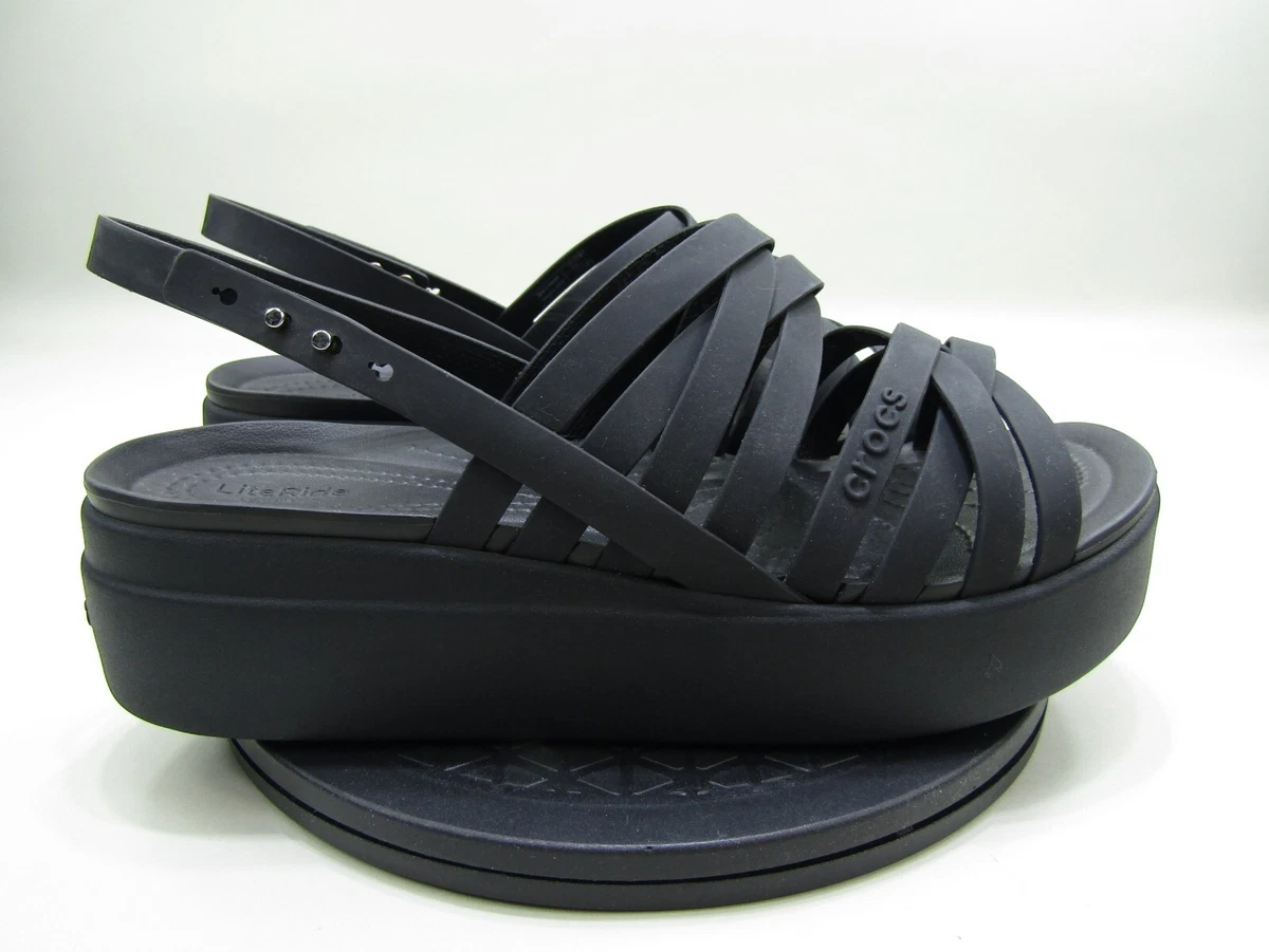 Crocs Brooklyn Strappy Sandals Womens 11 Low Wedge Black 206751 Lite Ride