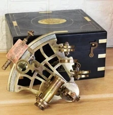 Maritime J. Scott London-Brass Ship History Sextant with Wooden Box-Astrolabe Sh