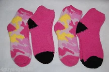 4 Pair Lot WOMENS FUZZY Crew Socks Fits 4-10 Shoe CAMO Pink Black Yellow