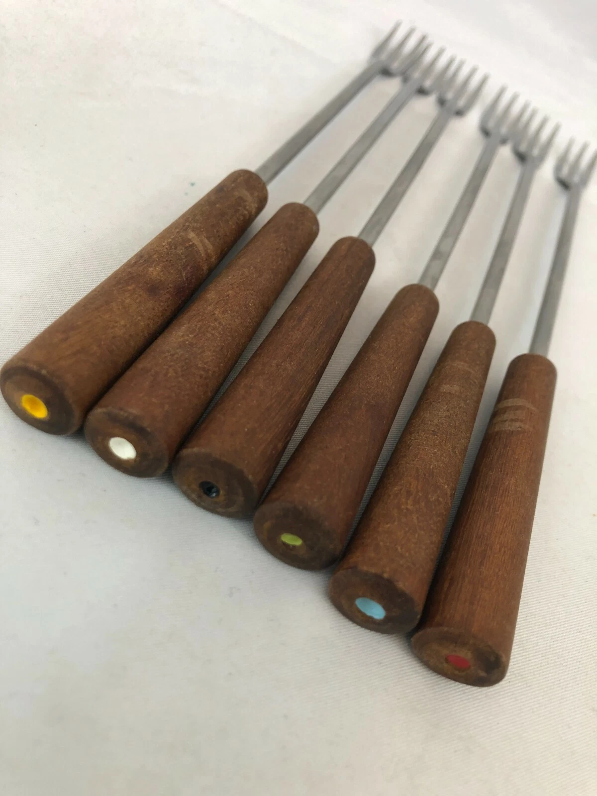 Vintage Set Of 6 Stainless Steel Fondue Forks Skewers Lighter Wood Base 9" Long