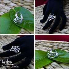 Handmade peruvian ring 950 silver w/ 3 curves lines wrought design Size 7