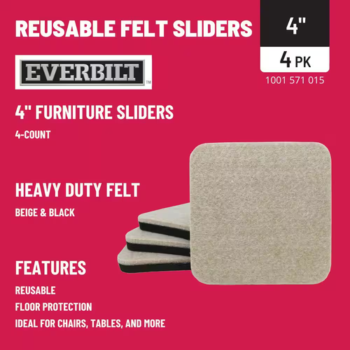 Nuevo paquete de 4 deslizadores cuadrados para muebles de fieltro de 4" - beige/negro, para pisos duros - Imagen 2 de 5